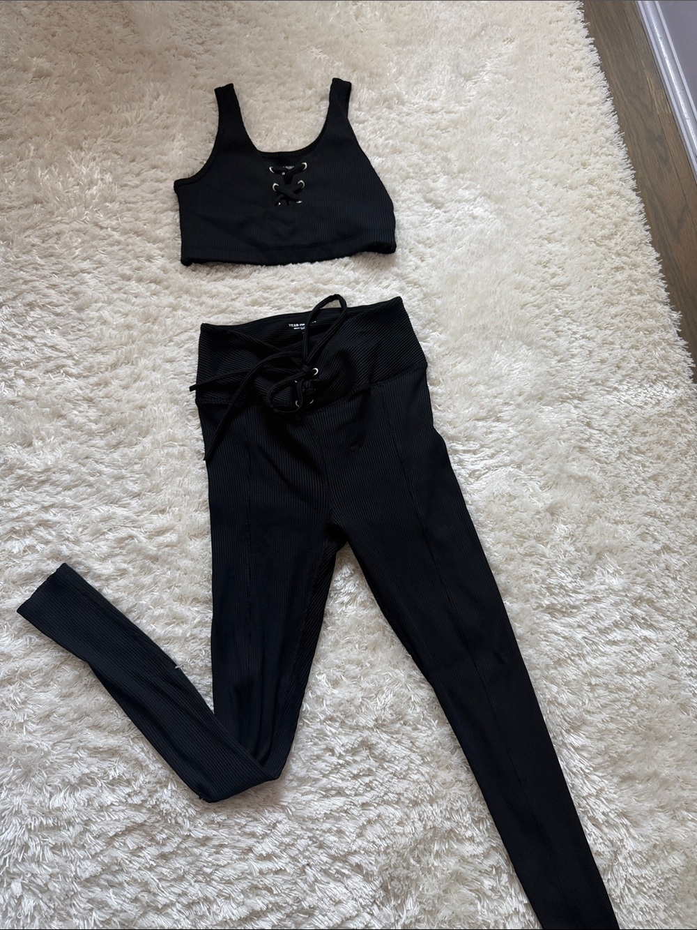 Year Of Ours High-Waist Lace-Up Ribbed Leggings & Crop Top Set - Black.
